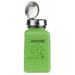 HDPE dispensing bottle pre-filled with acetone. 177.4 mL (6 fl oz) capacity with a dropper closure for controlled dispensing. Non-sterile. Suitable for solvent delivery in cleaning and preparation tasks.
