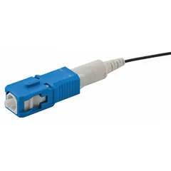 SC simplex fiber optic connector for terminating OS2 single-mode cables. Blue housing, standard type. Supplied in a 12-pack. Suitable for premise wiring, data centers, and telecommunications networks requiring low-loss, high-bandwidth connections.