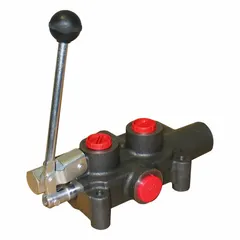This manual spool monoblock valve is a four-way, three-position directional control valve with a Tandem Center spool. It features a single spool with detent mechanism to hold selected positions. Used in hydraulic systems for controlling fluid flow direction in mobile or industrial equipment.