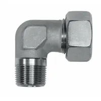 This compression elbow connects 10 mm OD tubing to a 1/4 in male BSPT threaded port. It is a metric flareless bite type stainless steel fitting, Series D7501, suitable for hydraulic and pneumatic systems requiring leak-free connections