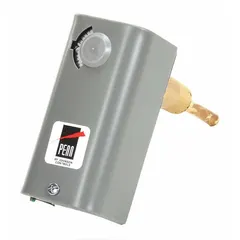 Steel-enclosed line-voltage mechanical thermostat with SPDT switch action (open/close on rise). Adjustable differential from 6° to 24°F and temperature control range of 100° to 240°F. Operates on 24 to 600V AC. Includes 7-5/6 ft capillary with 5 in x 3/8 in bulb. Suitable for indoor single-stage temperature control in HVAC systems such as duct heaters, unit heaters, and process equipment.