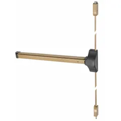 This surface vertical rod exit device is designed for commercial doors up to 48 inches wide. It releases the latch when the push bar is activated, providing safe egress. The device is finished in bronze and does not include a cylinder or ligature-resistant features.