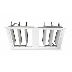 Horizontal-mount backdraft damper with single-panel aluminum construction. Prevents reverse airflow in horizontal ventilation systems. Measures 32 in height, 32 in width, 1 3/8 in depth. Supports maximum air velocity of 1500 fpm.