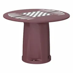 This cylinder base table features a 42-inch diameter polyethylene top in burgundy. It includes a game top and accepts ballast for added stability. Suitable for commercial or residential outdoor settings such as patios, parks, and break areas.