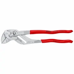 Flat-jaw tongue and groove pliers with push-button adjustment, 12 in overall length, 24 jaw positions, and 2 3/8 in max jaw opening. Used for gripping, turning, and holding nuts, bolts, and pipes in industrial maintenance, plumbing, and assembly applications.