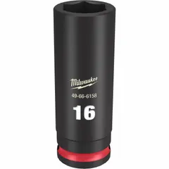This 3/8" drive impact socket features a 16 mm metric size, 6-point deep design, and friction retention mechanism. It is used with impact tools for fastening and loosening hex fasteners in automotive, construction, and industrial applications.