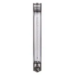 Variable-area flowmeter with scale display, panel-mounted vertically. Measures flow of air or water in liters with +/-3% accuracy. Includes flow rate adjustment knob. Viton seals and O-rings. FNPT connections.