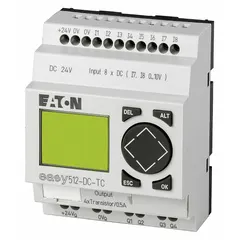 The Eaton Easy E4 Smart Relay (EASY-E4-DC-12TC1) is a programmable logic controller with 8 digital inputs and 4 transistor outputs. It operates on 24V AC/DC and includes a real-time clock for time-based control functions. Typical applications include industrial automation, lighting control, HVAC management, and small machinery control.
