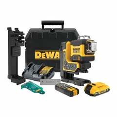 This cross-line laser level projects three green beam planes (horizontal and vertical) with ±1/8 in accuracy for alignment and layout tasks. It is powered by a 20V Max battery and includes a DCB107 charger. Suitable for construction, carpentry, and electrical work where precise reference lines on walls, floors, and ceilings are required.