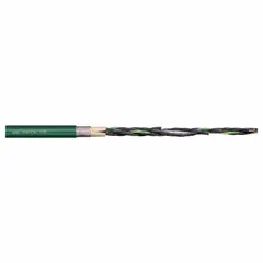 CHAINFLEX CF6 series continuous flexing control cable with 4 conductors of 24 AWG single copper wire, PVC jacket rated at 300 V. Oil and grease resistant, CE 2014/35/EU certified. Minimum bend radius factors: 4 x OD fixed, 5 x OD flexible, 6.8 x OD for e-chain applications. No ground conductor. Suitable for use in cable carriers and automated machinery requiring repeated flexing.