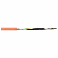 Continuous flexing power cable for variable frequency drives, with 4 conductors of 8 AWG copper, PVC jacket, and integral ground. Rated 1000 V, oil and grease resistant, meets PV 3.10.7 Status 1992. Suitable for fixed, flexible, and e-chain installations in industrial automation.