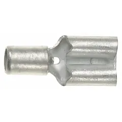 Non-insulated female quick disconnect for 16 AWG to 14 AWG wire. Features a 0.25 in x 0.032 in tab and bare metal construction for conductivity. Used for fast, reliable connections in control panels, appliances, and automotive wiring where insulation is not required.