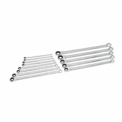 This 13-tool set includes double-end 12-point ratcheting box end wrenches in SAE sizes from 5/16 in to 1 in. Made of alloy steel with a chrome finish, the wrenches are organized on a tray. The ratcheting box ends allow fast fastener turning in confined spaces without repositioning, suitable for automotive repair, industrial maintenance, and mechanical assembly.