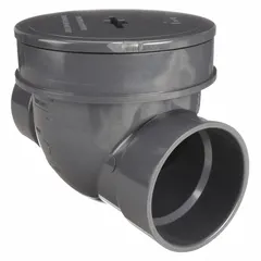 PVC backwater valve with 4-inch socket connections, rated for 43 psi CWP. Used in drainage and sewer systems to prevent reverse flow of wastewater into buildings, helping avoid flooding and contamination during heavy rain or sewer surcharges.