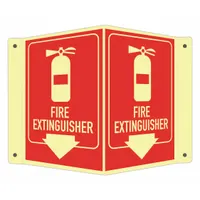 This V-shape projection sign is designed for marking fire extinguisher locations in industrial, commercial, and warehouse environments. Made of aluminum with mounting holes for secure attachment, it features a glow-in-the-dark finish for visibility in low-light conditions. Nominal sign size is 6 in x 7 1/2 in. Not retroreflective