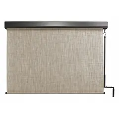 This pole-and-crank-operated sun shade from the Titanium Plus Series provides 90% UV protection. It features a 72-inch valance width, Caribbean fabric, Oil Rubbed Bronze valance, and a bungee-and-hook tie-down system for secure fastening. Suitable for outdoor areas such as patios and decks.