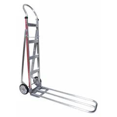 Extended folding nose hand truck with a 500 lb capacity. Single-loop frame in silver aluminum. Tread-on-core rubber wheels. Used for moving boxes, appliances, and heavy loads in warehouses, delivery routes, and industrial facilities.