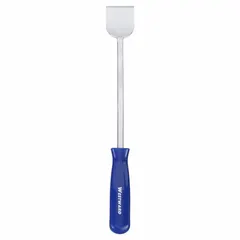 This gasket scraper features a full-tang carbon steel blade with a stiff, tapered shape and a bevel/offset tip for prying. The polypropylene handle provides a secure grip. Designed for removing gaskets, adhesives, and sealants from flat surfaces in maintenance and repair tasks.