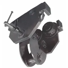 This push trolley mounts a hoist on an overhead flat beam, allowing manual movement of loads. It fits beam flange widths from 3 to 8 inches and supports a maximum hoist load of 4,000 lb. The frame is cast iron.