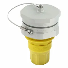 Washdown-rated straight blade connector rated 125V AC, 15 A, 2 poles, 3 wires. Type 5-15R in yellow. Suitable for industrial environments requiring moisture resistance, such as food processing and washdown stations.