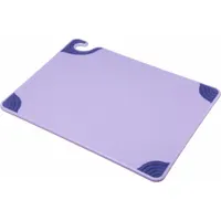This SAN JAMAR cutting board is made from a proprietary blend in purple, measuring 15 inches wide by 20 inches long. It is NSF certified for sanitation compliance. Commonly used in commercial food preparation to designate specific food types and help prevent cross-contamination