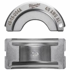 U Style upper and lower crimping die set for 4/0 AWG conductors. White in color. Designed for use with MILWAUKEE M18 FORCE LOGIC tool models 2679-20 and 49-16-U000. Suitable for electrical wire and cable crimping in industrial and commercial applications.