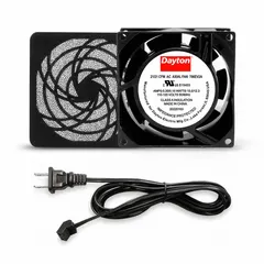 This 120V AC axial fan kit delivers 21 cfm airflow at 0.000 in static pressure. It features a polycarbonate blade, measures 3 5/8 in height by 1 in depth, and includes a cord set with NEMA 1-15 plug. The fan has terminal connections and an IP20 rating, suitable for cooling and ventilation in electronic enclosures, control panels, and small equipment.