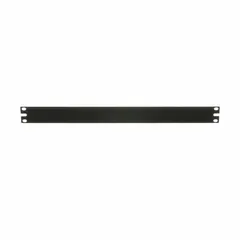 Steel blank filler panel with black finish, 19 in overall width and 1 3/4 in overall height. Covers unused 1U spaces in standard 19-inch equipment racks to manage airflow and prevent dust ingress.
