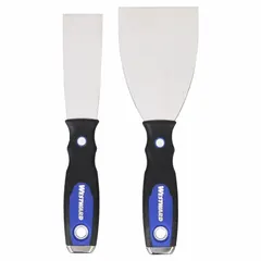 This spreading tool set includes putty knives with stainless steel blades and full tang construction. Handles are made of polypropylene, steel, and TPR for a comfortable grip. Used for applying and smoothing putty, filler, or adhesive on surfaces in drywall repair, painting prep, and general construction tasks.