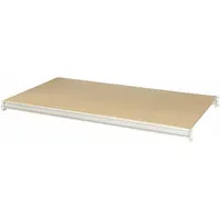 This bulk rack shelf kit includes a particleboard decking surface and cross bars, supported by a powder-coated steel frame with 14 ga beams. The light gray finish suits industrial storage environments for palletized or bulk items