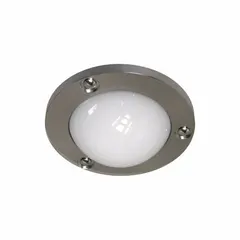 Round vandal-resistant LED light with stainless steel housing, rated NEMA 1 for indoor or sheltered outdoor use. Delivers 600 lumens at 2700K, operates on 120/277V AC, and measures 1/2 ft length by 6 3/8 in width. Suitable for corridors, stairwells, parking garages, and public restrooms requiring impact resistance and low maintenance.