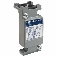 Metallic body for limit switches, compatible with 9007C series. Features 2 mounting holes and 2NO/2NC contact configuration. No indicating light included. Used in industrial automation for position detection of moving parts.