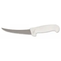 This boning knife features a curved steel blade with a 6-inch overall length, designed for deboning and trimming meat. The white polypropylene handle provides a secure grip. NSF certification indicates suitability for food-service environments where sanitation is required