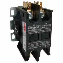 This non-reversing definite purpose contactor is rated 25 A with a 2NO main pole contact form. It operates on single-phase power up to 600V AC and features a 120V AC coil. Designed for through-panel mounting with screw terminals, it is suitable for switching loads in HVACR equipment such as air conditioners, heat pumps, and refrigeration units.