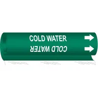 Green wrap-around pipe marker with white 'Cold Water' legend and directional arrows. Fits pipe outer diameters from 2-1/2 to 7-7/8 inches. Used to identify cold water lines in piping systems