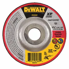 This DEWALT grinding wheel is a Type 27 depressed center wheel with a ceramic abrasive, 24 grit, and dimensions of 4-1/2" diameter, 1/4" thickness, and 7/8" arbor hole. Part of the SG24N series, it is designed for cool cutting on carbon and stainless steel. Suitable for heavy material removal, weld grinding, and general metal fabrication tasks.