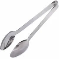 These serving tongs are made entirely of stainless steel with a silver finish. They are suited for portioning and serving food in commercial kitchens, cafeterias, and buffet lines. Not dishwasher safe and not NSF certified