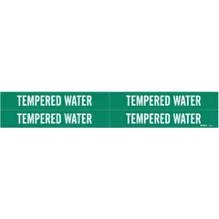 Green adhesive pipe marker with white 'Tempered Water' legend, designed for pipe outer diameters from 3/4 to 2-3/8 inches. Pack includes 4 markers without directional arrows, used to identify tempered water piping in industrial or commercial facilities for compliance with pipe-marking standards.