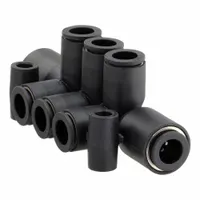 This push-fit tee fitting is made of fiberglass-reinforced nylon with nickel-plated brass inserts. It has three 1/4 in OD ports and is used to create branch connections in pneumatic tubing systems, such as air lines and control cabinets
