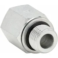 Steel adapter for hydraulic extreme-pressure pipe systems. Features a 16 mm male threaded end and a 1/2 in female NPT threaded end. Rated for maximum operating pressure of 5,000 psi. Used to connect steel tubing or piping in high-pressure fluid power systems