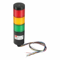 This three-tier tower light assembly provides visual status indication with amber, green, and red light tiers. It operates on 90 to 240V AC and has an overall height of 8 1/4 inches. No sounder tier is included. Typical applications include machine status signaling in industrial automation and process control environments.