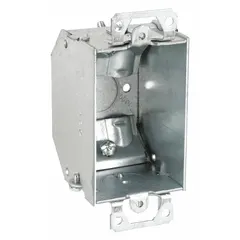 Steel cut-in electrical box for single-gang installations. Features 2-1/4 in depth and 2 in width with knockout (KO) clamps for cable entry. Designed for retrofitting switches or outlets in drywall or plaster without an existing box.