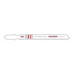 Bi-metal jigsaw blade with T-shank for cutting thick metal. Pack of 5 blades, each 4 inches long. Suitable for use with compatible jigsaws in metalworking applications.