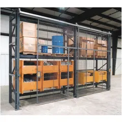 This wire mesh enclosure kit secures pallet rack bays in warehouses and industrial facilities, preventing items from falling and deterring unauthorized access. Constructed from 10 ga steel with a powder-coated gray finish, it includes an overhead track and mounting hardware. Suitable for improving safety and inventory control in storage areas.