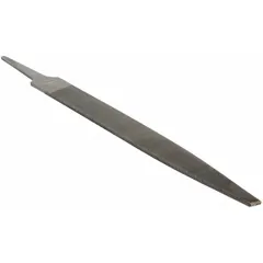 Double-cut warding file with single edge cut and smooth cut. Regular taper design for precision filing of narrow slots, keyways, and locks in metalworking and locksmithing. Natural finish. 8 in length without tang, 13/16 in width.