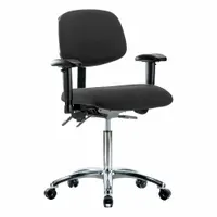 This ESD-safe task chair features a fabric seat (18 1/2" wide, 17" deep) and an aluminum base. It includes arms and offers a back tilt range of 10.5° forward to 13.5° backward. The adjustable height range is 21 1/2" to 29". Suitable for static-sensitive environments such as electronics assembly and laboratory workstations