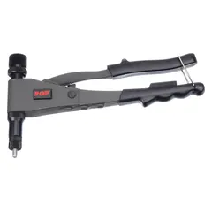 Hand-operated tool for installing hex rivet nuts into thin materials such as sheet metal. Compatible with #6-32, #8-32, #10-24, #10-32, and 1/4"-20 internal threads. Includes a #8-32 mandrel and a #10-24 nosepiece. Suitable for assembly and fastening applications where threaded inserts are required.