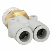 Polybutylene and brass push-fit wye fitting for connecting 10 mm OD tubing to 1/2 in pipe thread. White finish. Used to split or combine pneumatic lines in industrial automation, packaging, and material handling systems