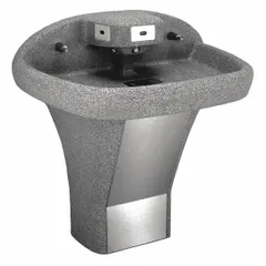 Sensor-operated wash fountain with a D-Shape Corterra bowl in Smoky Granite. Features three stations and a P-Trap drain. ADA compliant. Suitable for high-traffic commercial restrooms, schools, and healthcare facilities.