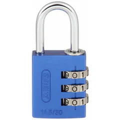 This TSA approved combination padlock features a silver dial, an aluminum body, and a steel standard shackle. It is designed for securing luggage during air travel, allowing TSA agents to inspect baggage without damaging the lock.